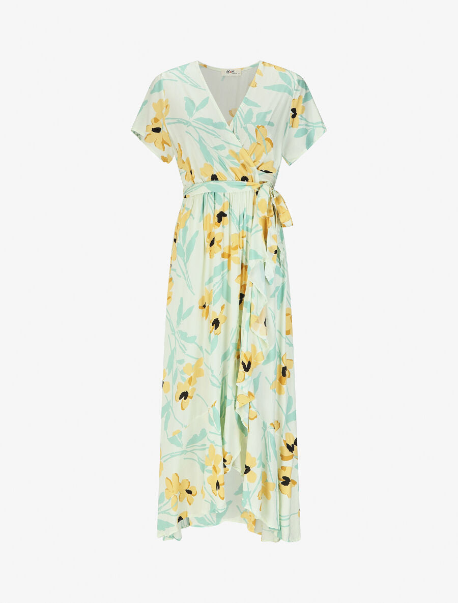 Robe longue à fleurs manches courtes - Vert pastel - 1