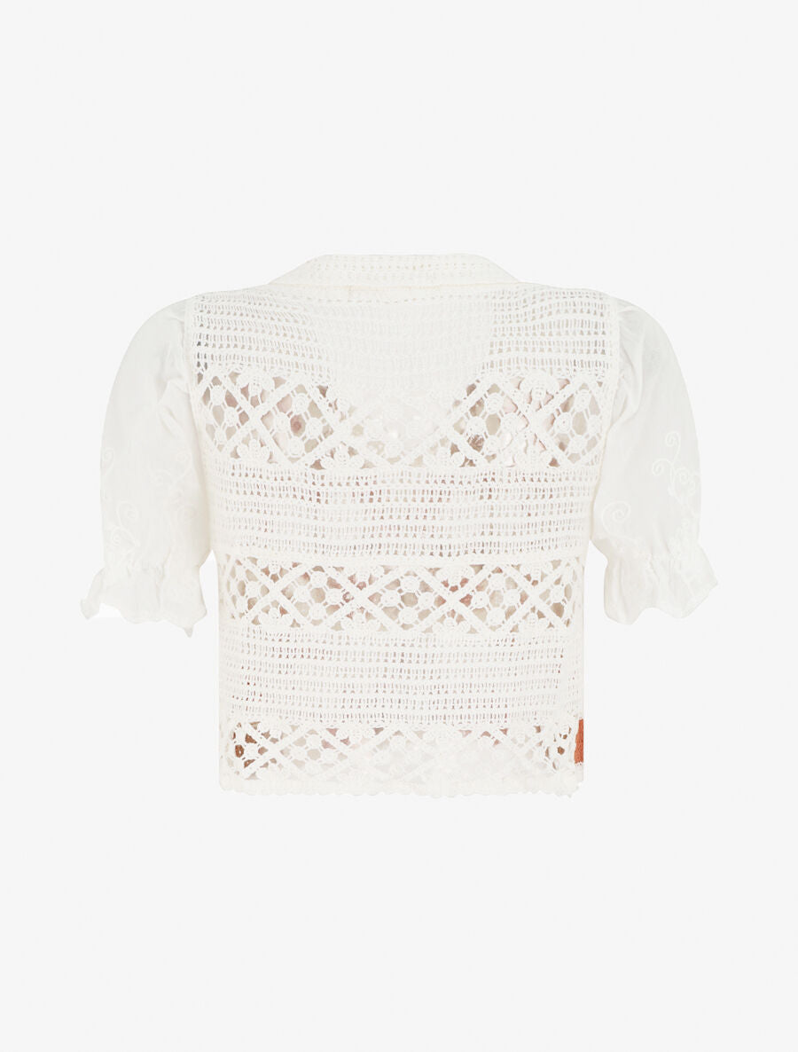 Gilet court en crochet fleuri - Blanc/orange - 2