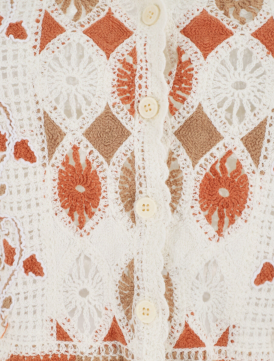 Gilet court en crochet fleuri - Blanc/orange - 3