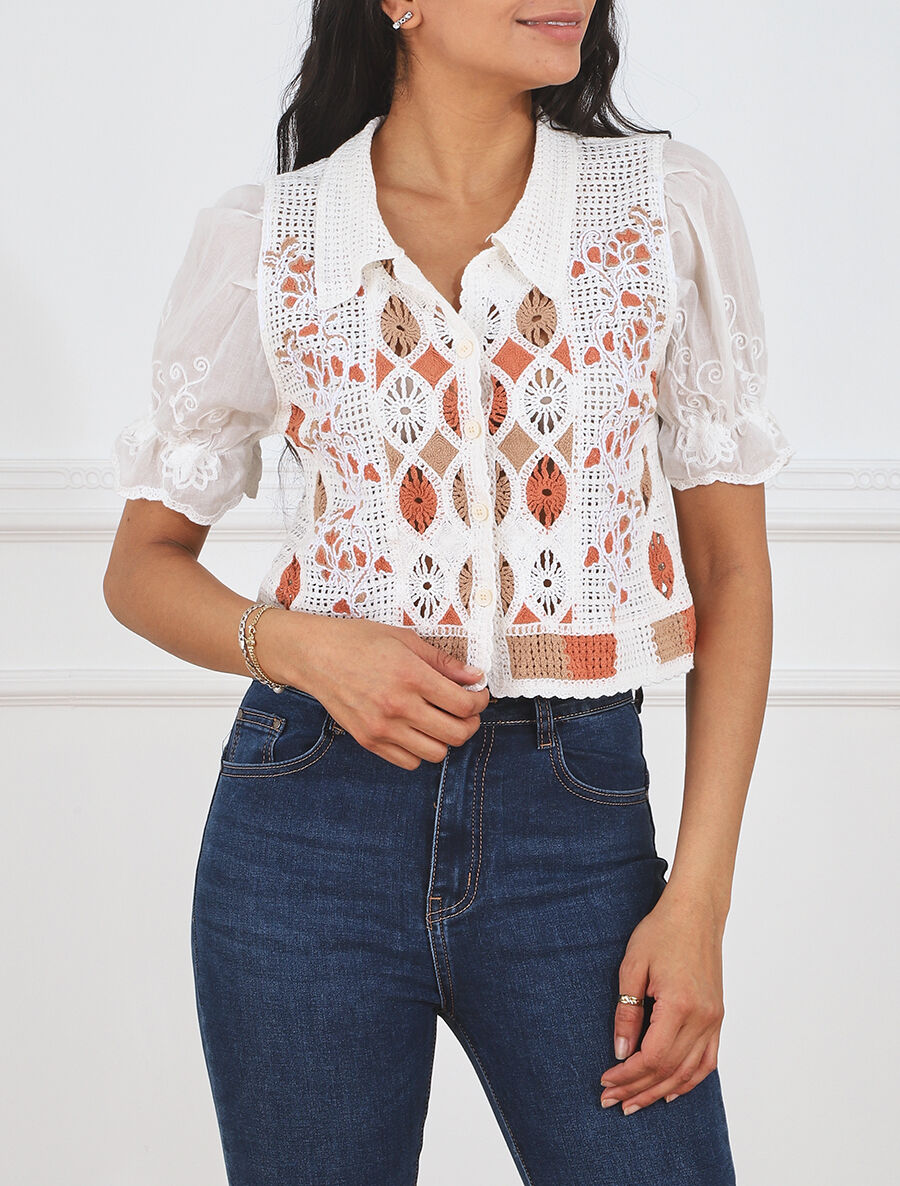 Gilet court en crochet fleuri - Blanc/orange - 4