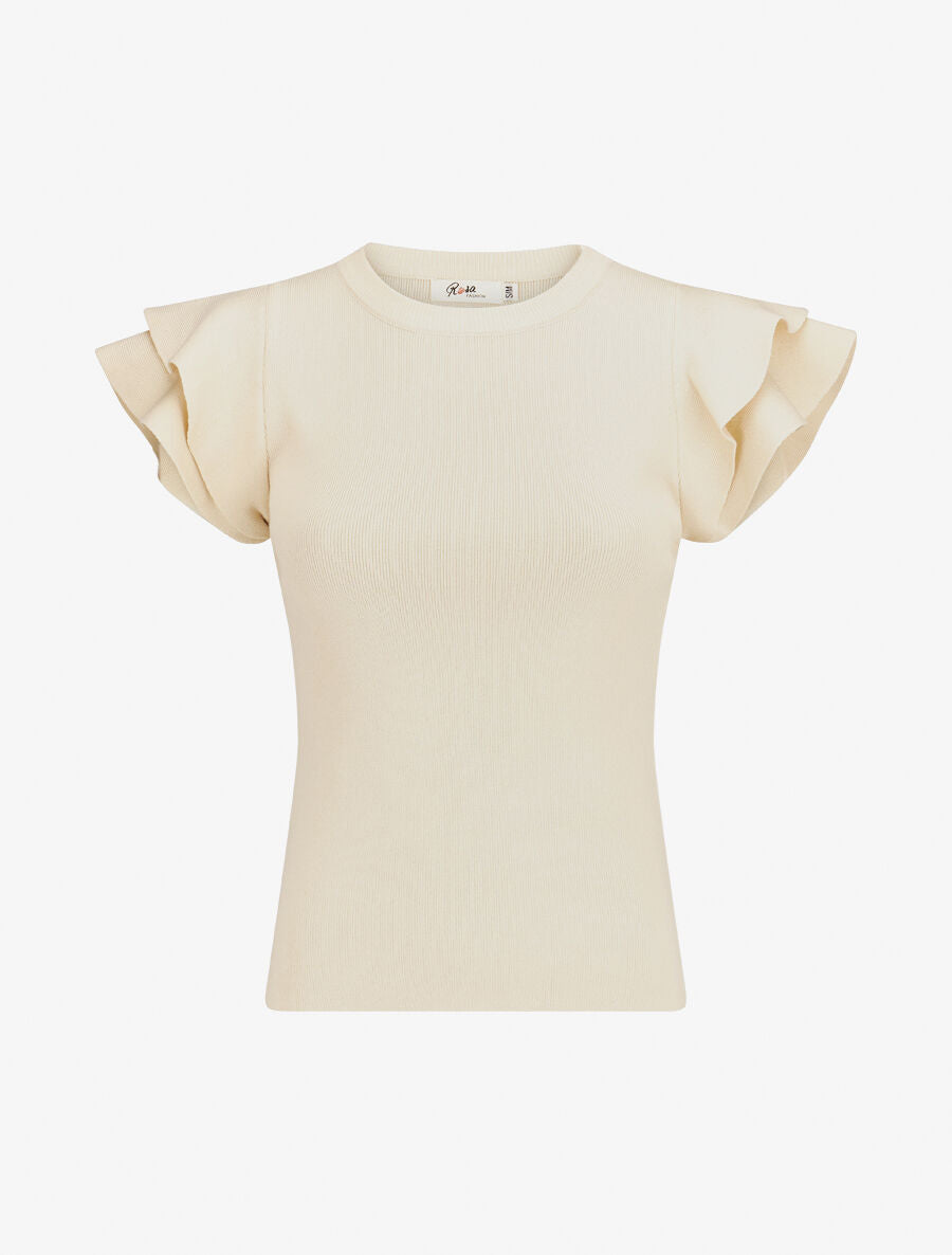 Top ajusté en maille mancherons volantés - Beige - 1