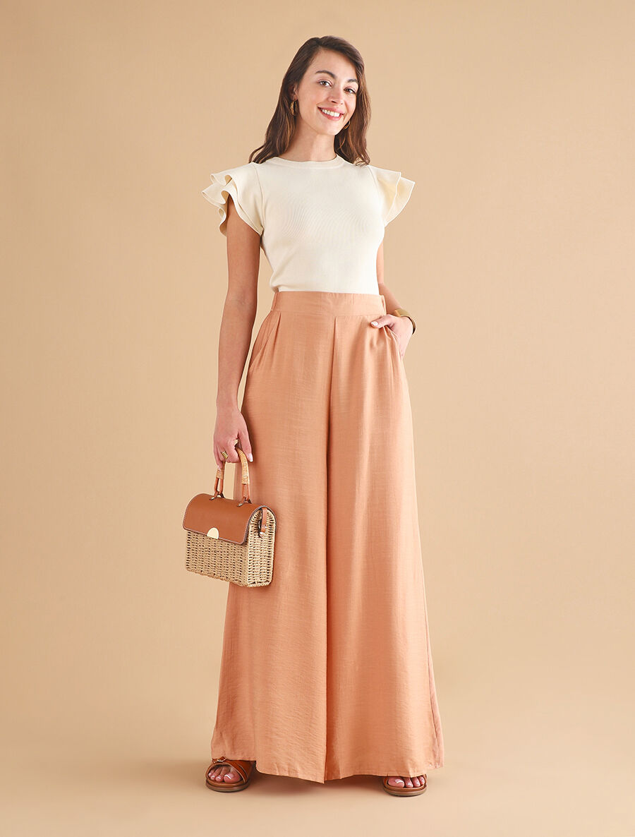Top ajusté en maille mancherons volantés - Beige - 4