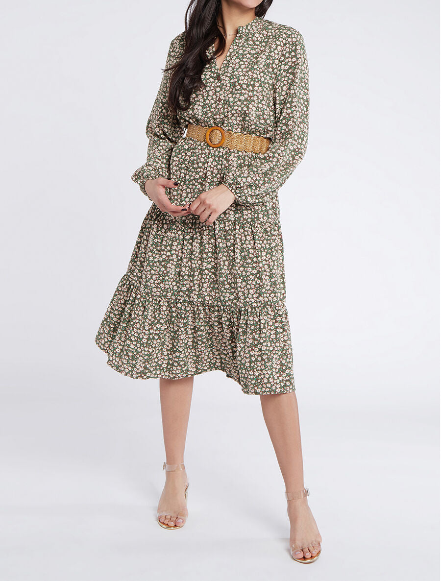 Robe longue empire à imprimé petites fleurs - Beige - 5