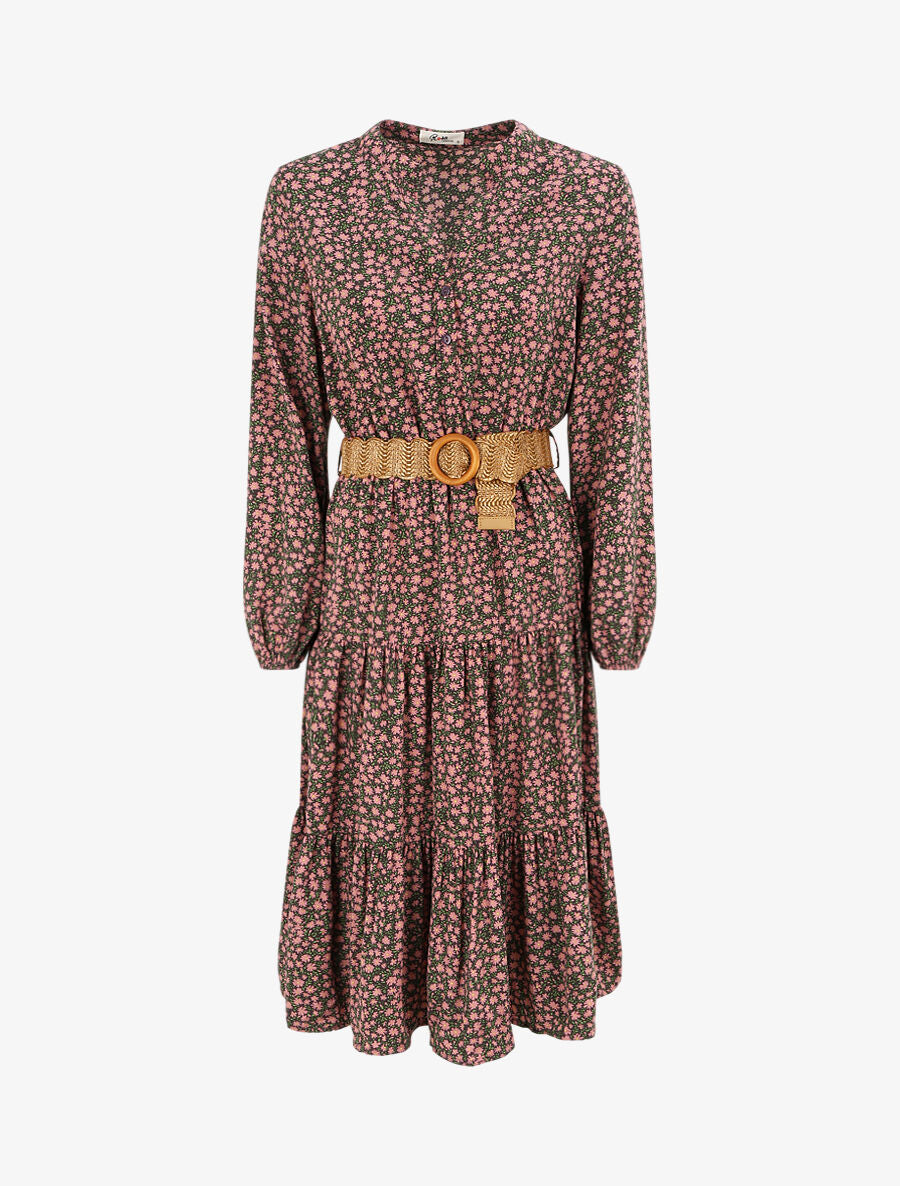 Robe longue empire à imprimé petites fleurs - Vieux rose - 1