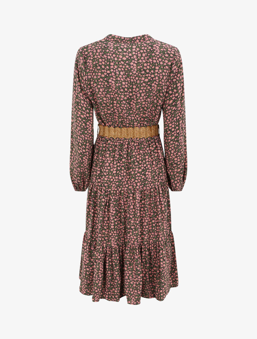 Robe longue empire à imprimé petites fleurs - Vieux rose - 2
