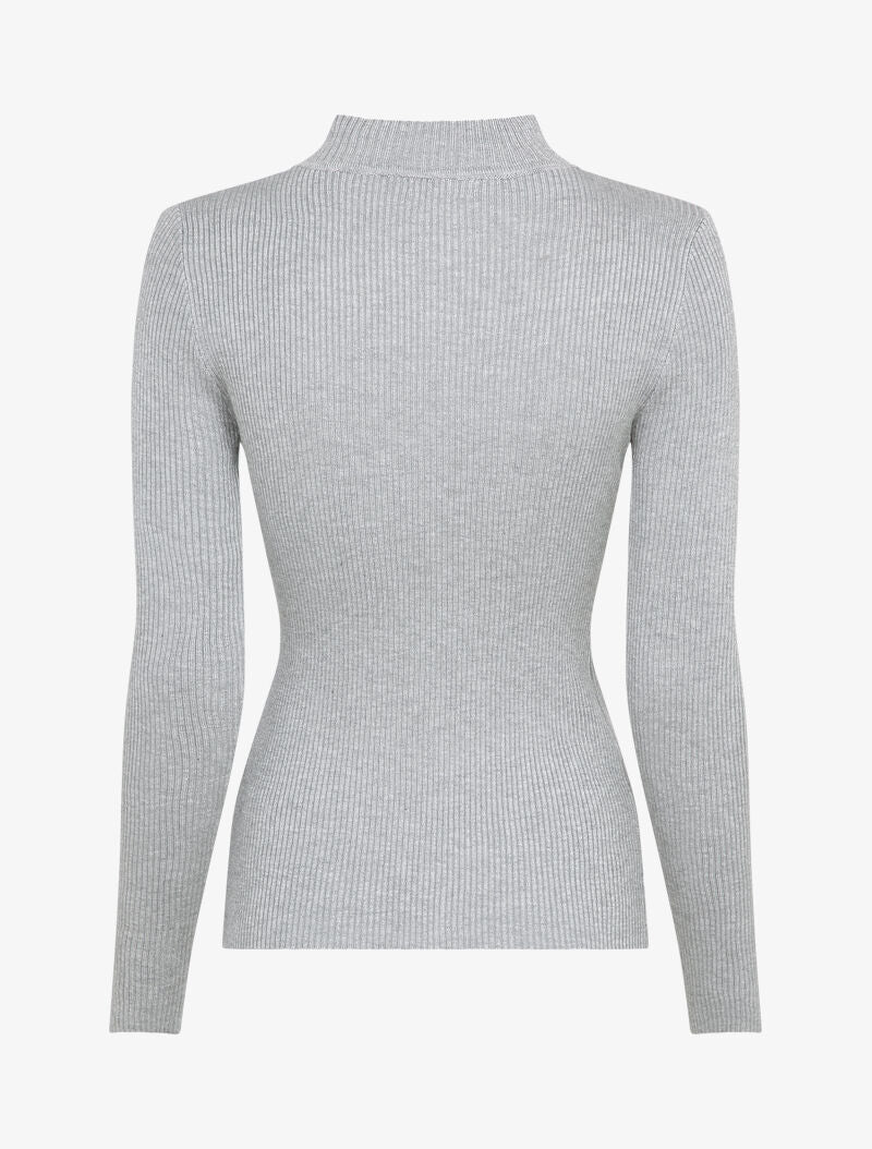 Pull côtelé à décolleté asymétrique et détail chaîne - Gris clair - 2