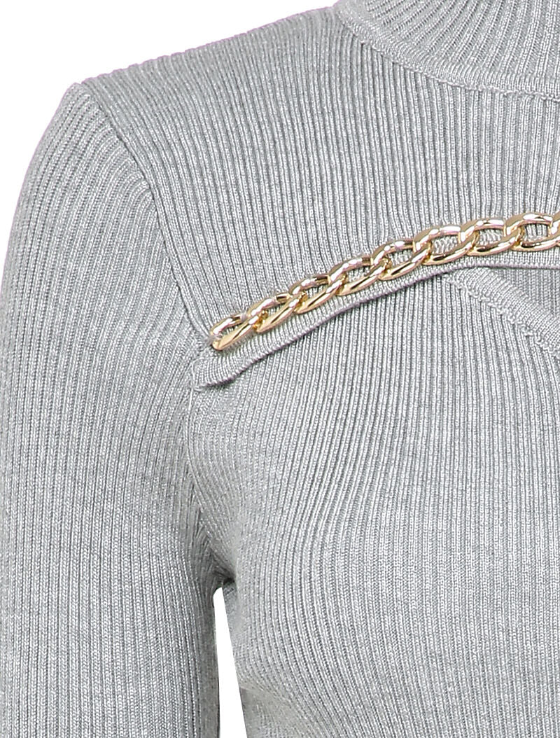 Pull côtelé à décolleté asymétrique et détail chaîne - Gris clair - 3