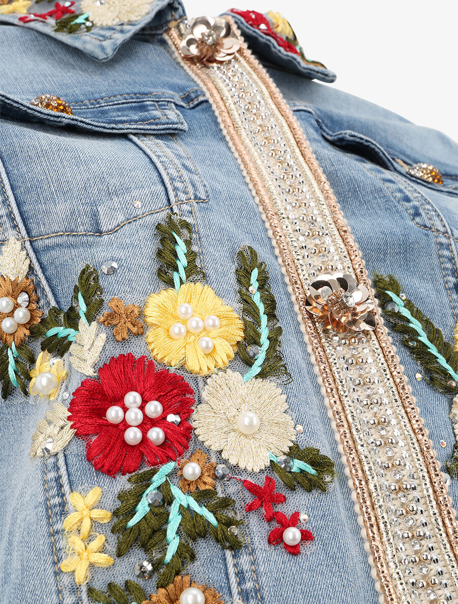 Veste en jean ornée de broderies et de strass - Bleu denim - 3
