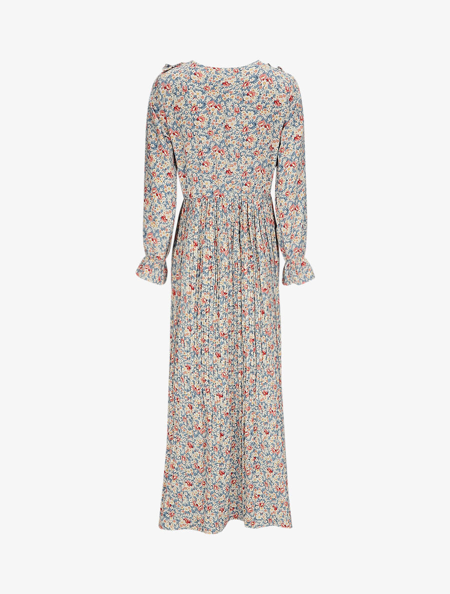 Robe longue évasée à volants imprimé fleurs des champs - Bleu ciel - 2
