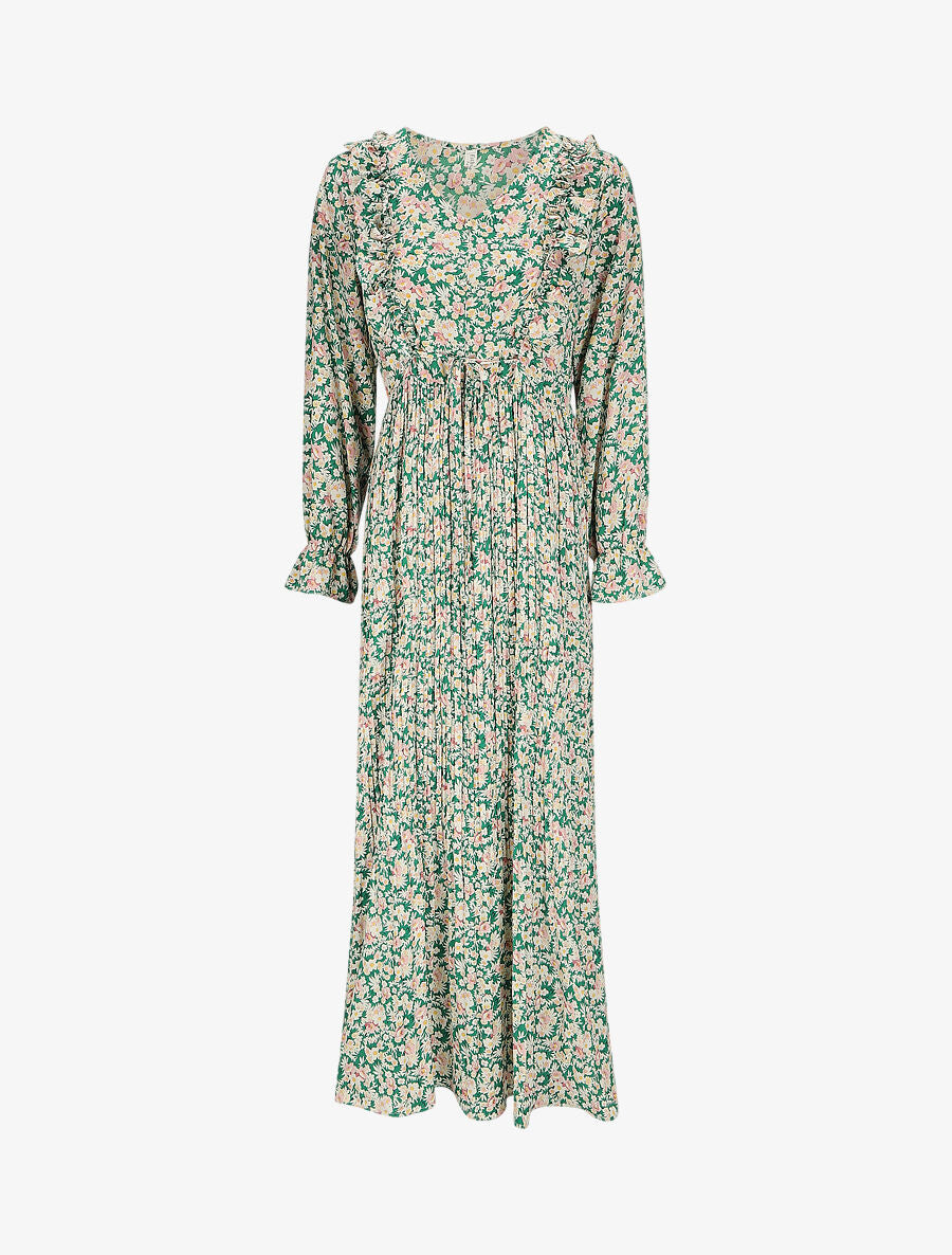 Robe longue évasée à volants imprimé fleurs des champs - Vert - 1