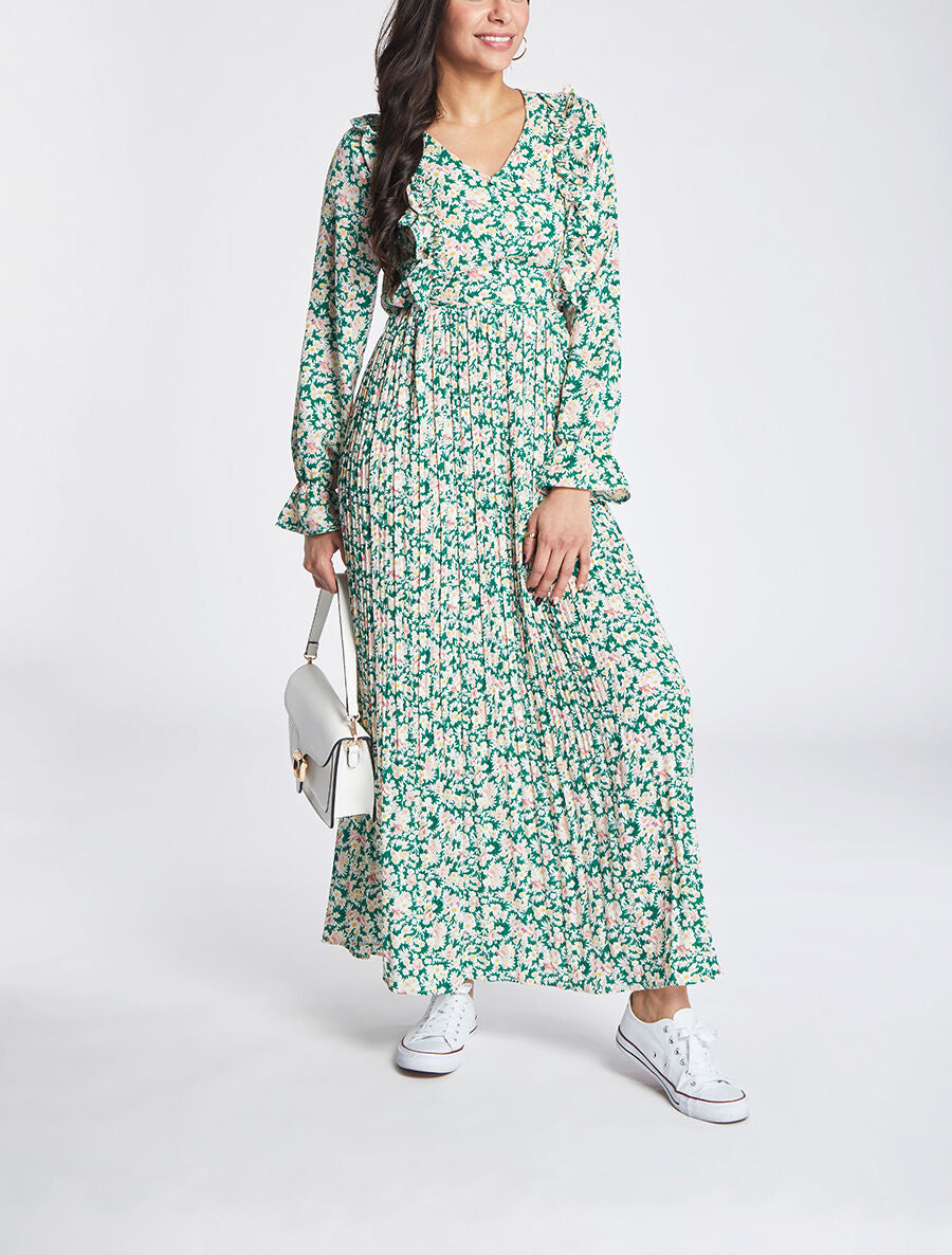 Robe longue évasée à volants imprimé fleurs des champs - Vert - 4