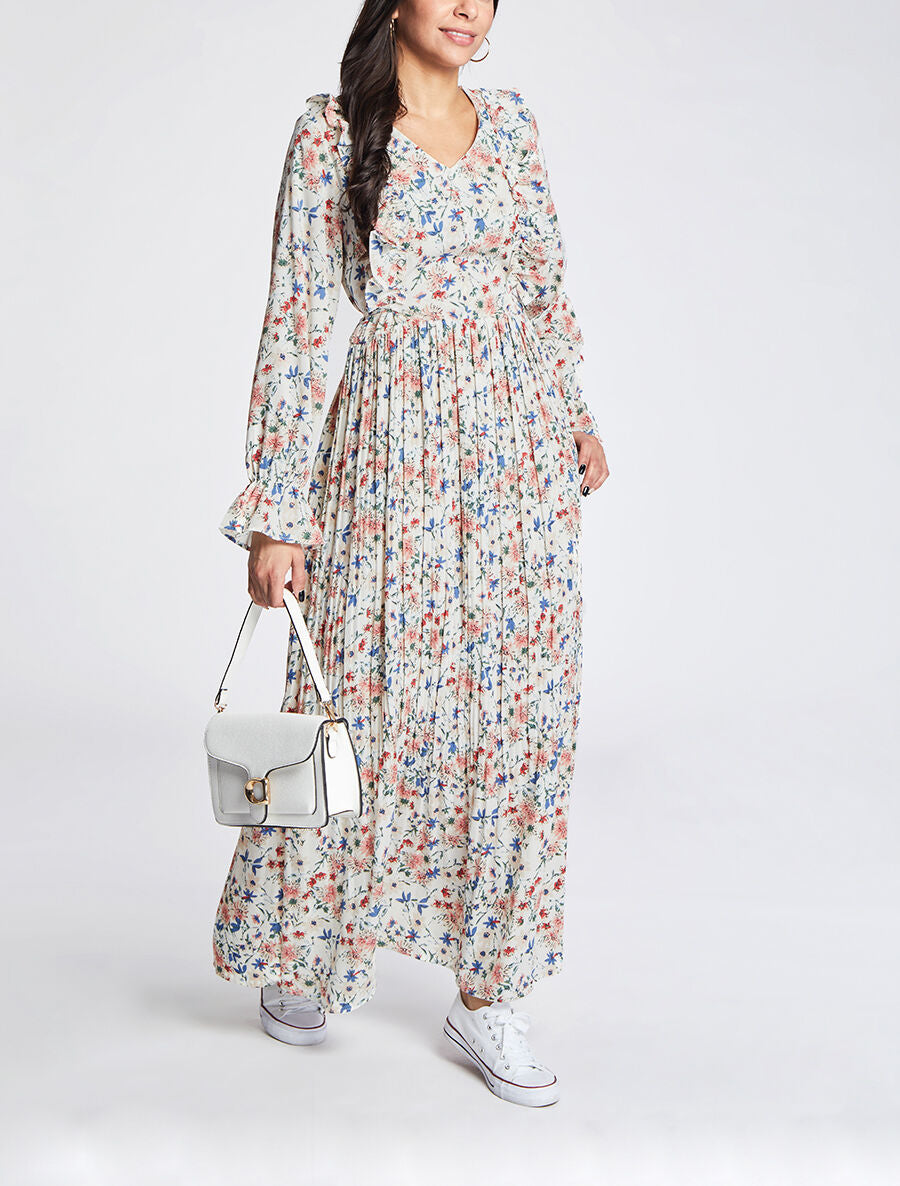 Robe longue évasée à volants imprimé bouquet d&