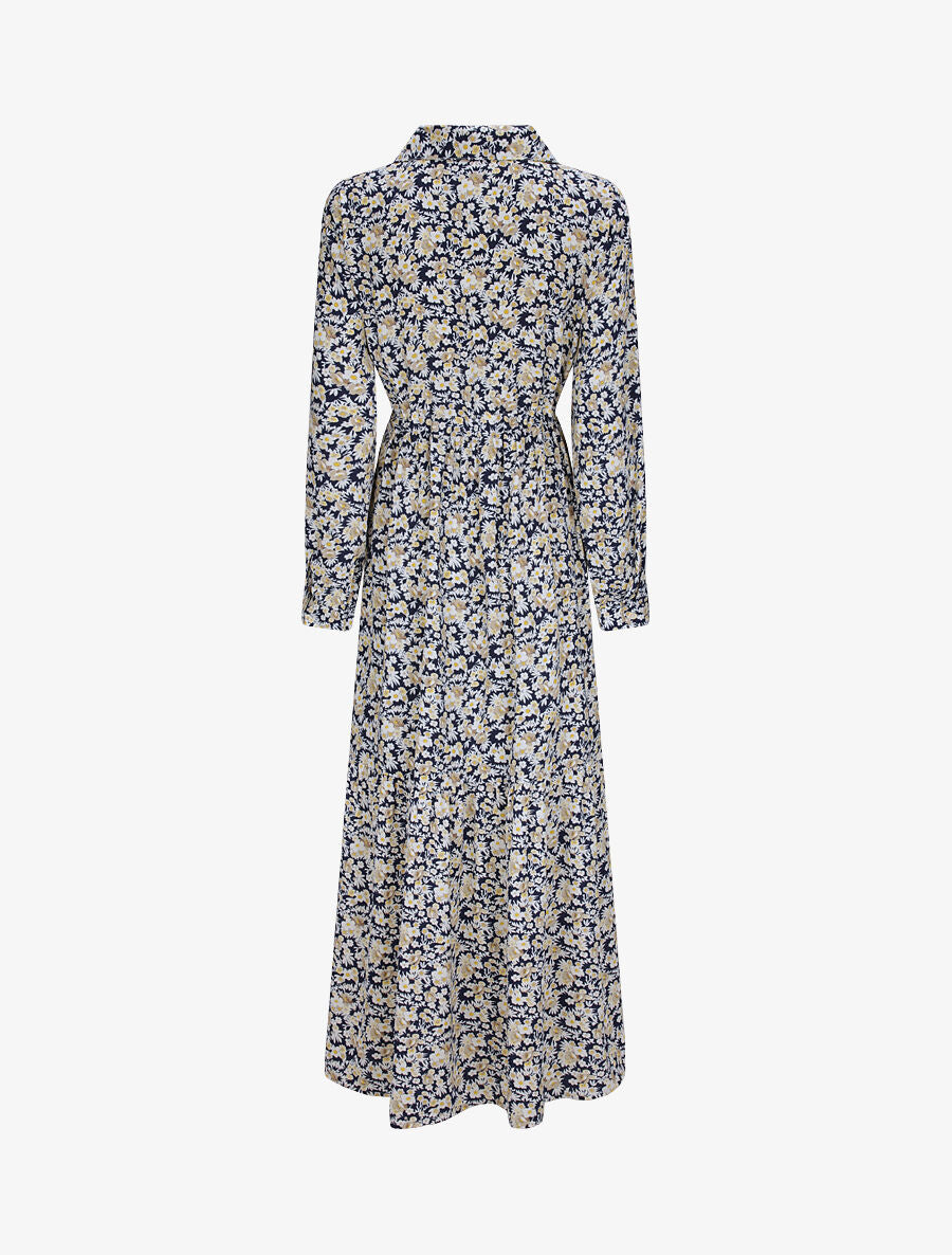 Robe longue évasée à manches longues et imprimé fleurs des champs - Marine - 2