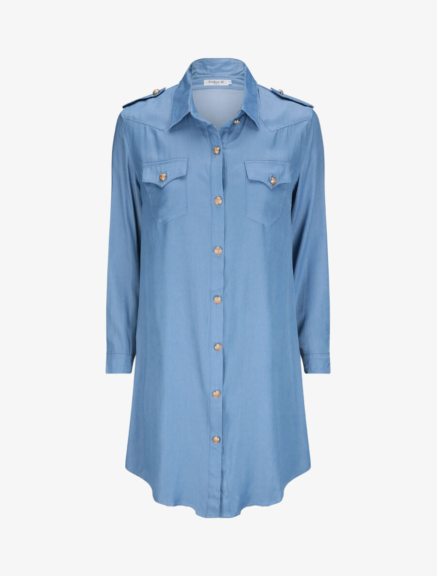 Robe chemise courte unie poches à rabat - Bleu - 1