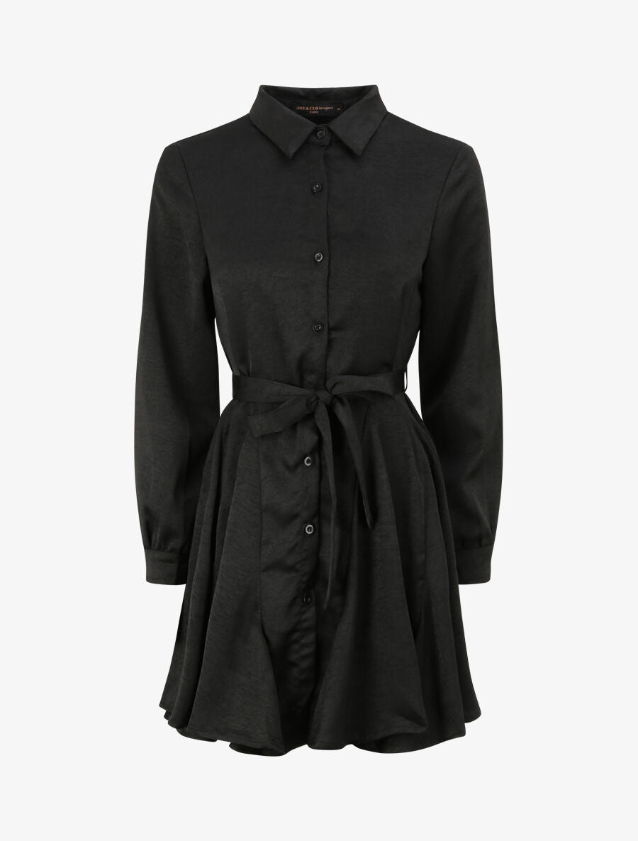 Robe chemise satinée à bords volantés - Noir - 1