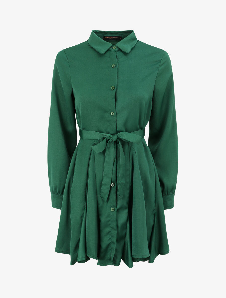Robe chemise satinée à bords volantés - Vert - 1