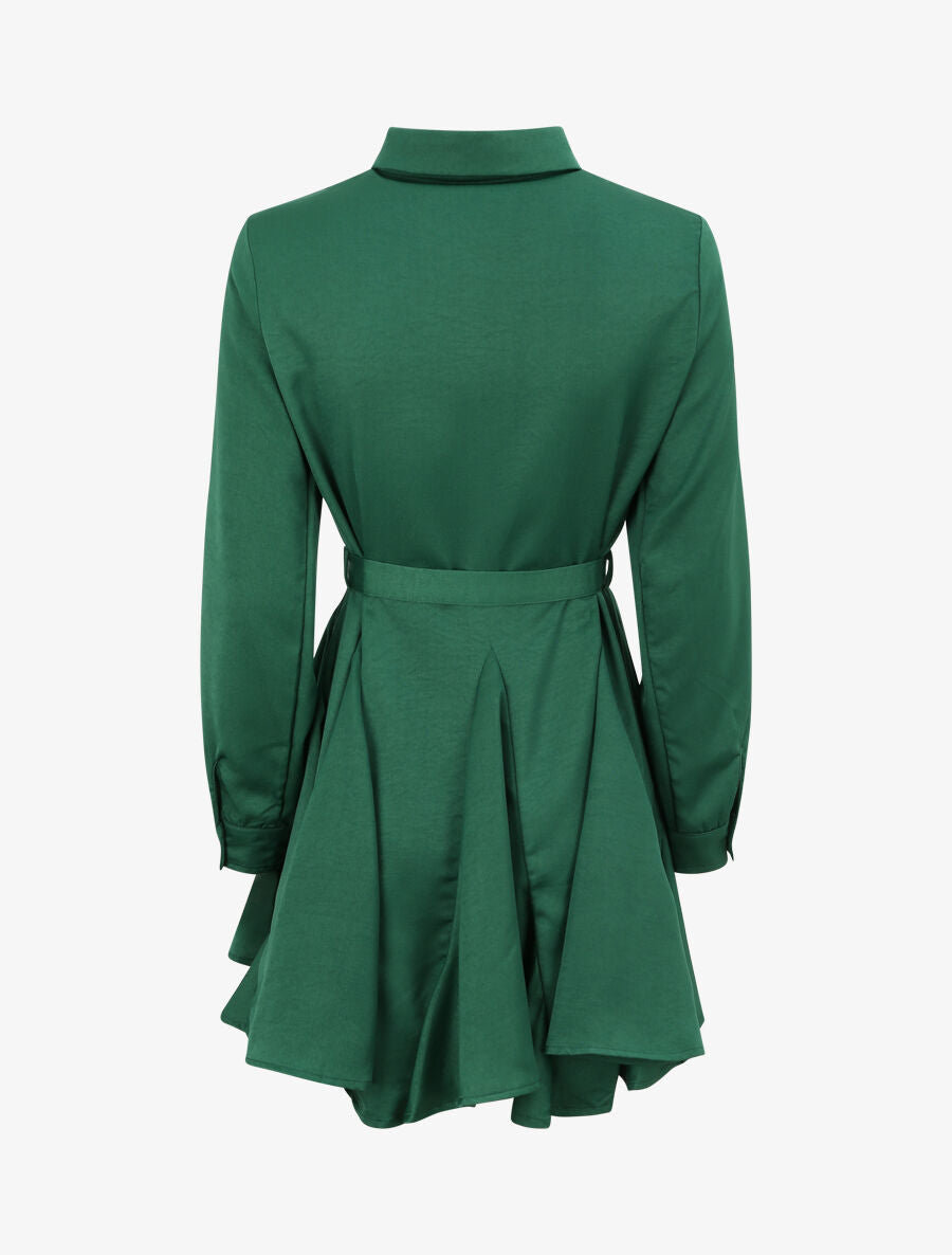 Robe chemise satinée à bords volantés - Vert - 2