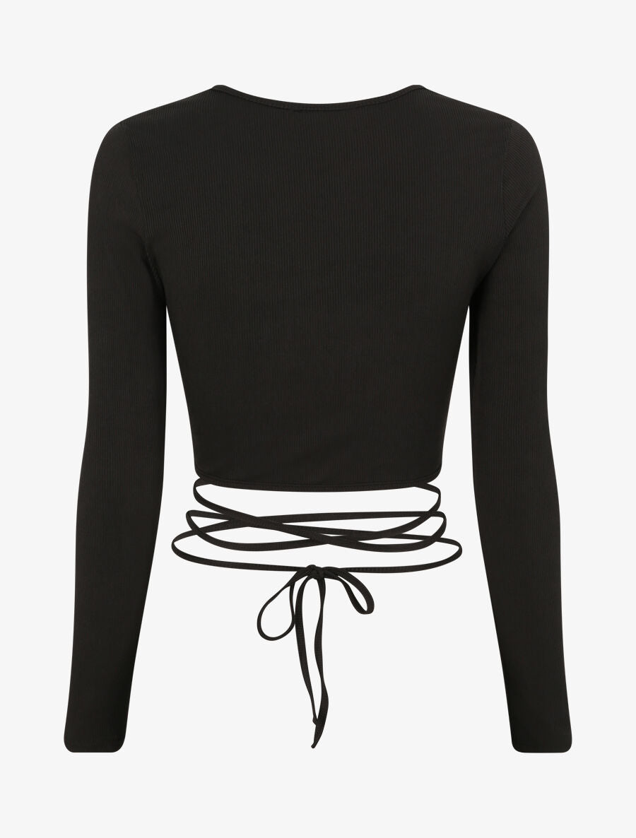 Crop top côtelé à manches longues et liens à nouer - Noir - 2