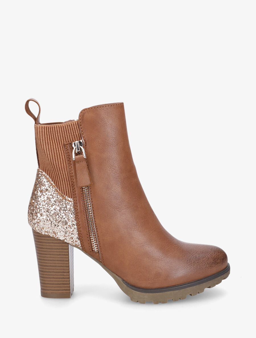 Bottines en simili et sequins - Camel - 1