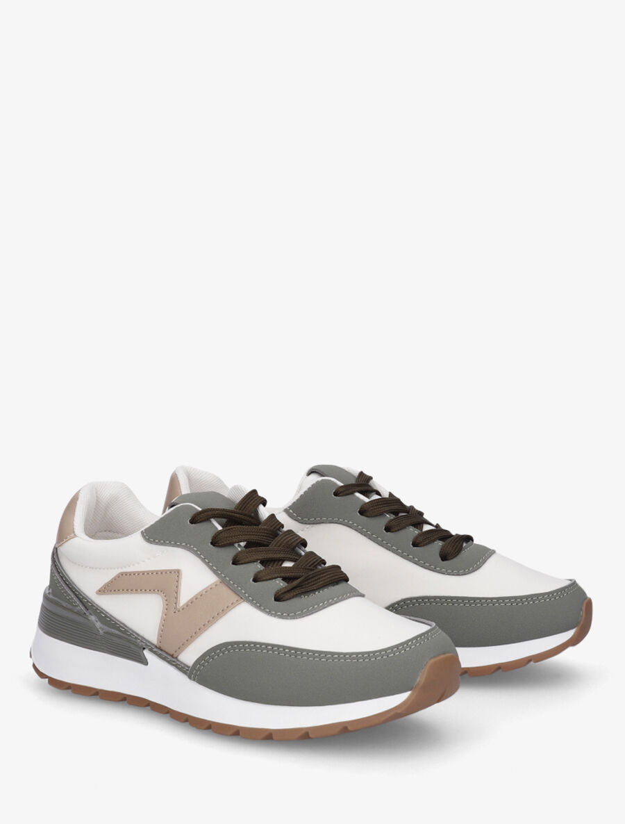 Sneakers bicolore en simili - Kaki - 4