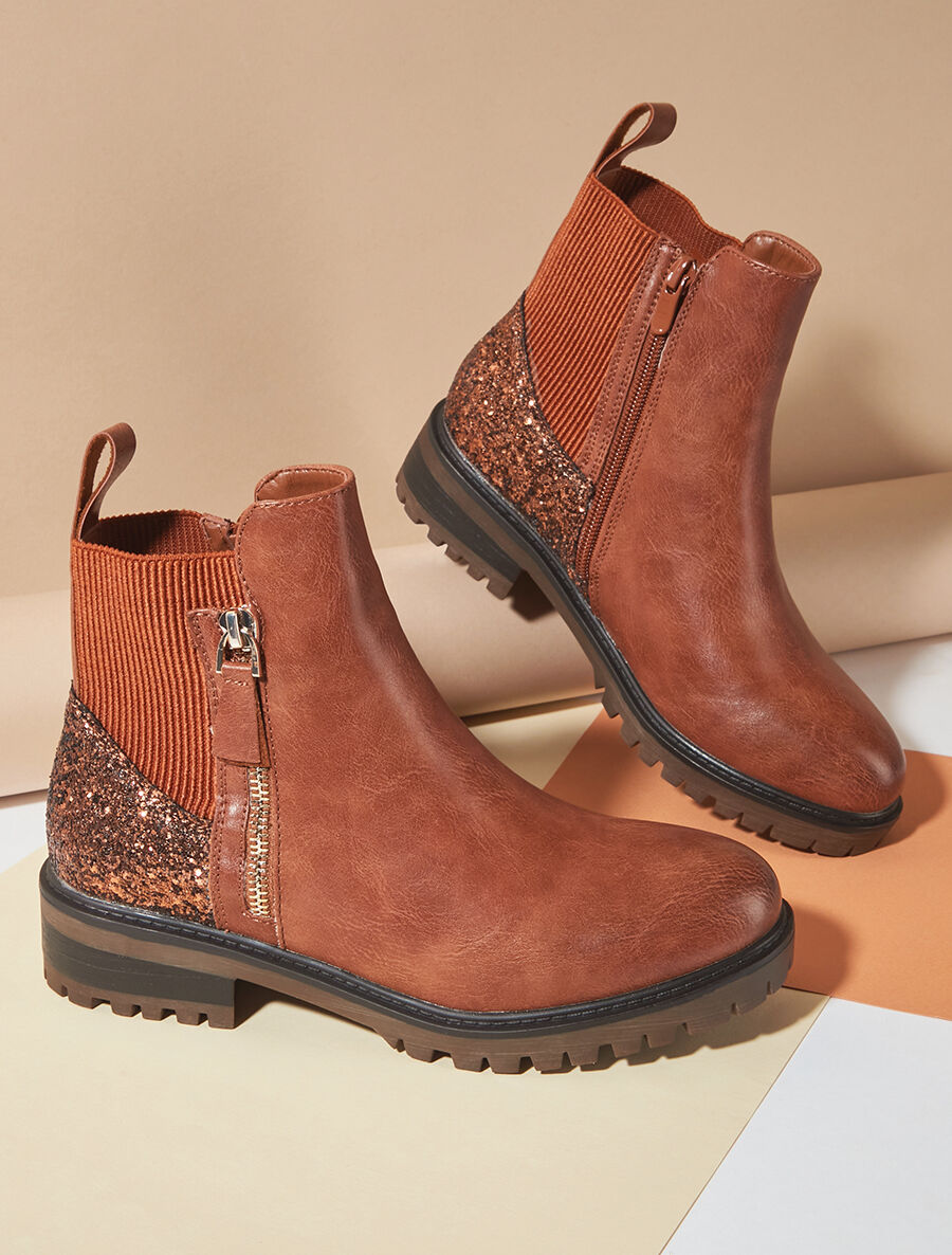 Bottines plates bi-matière boucle fantaisie - Camel - 1