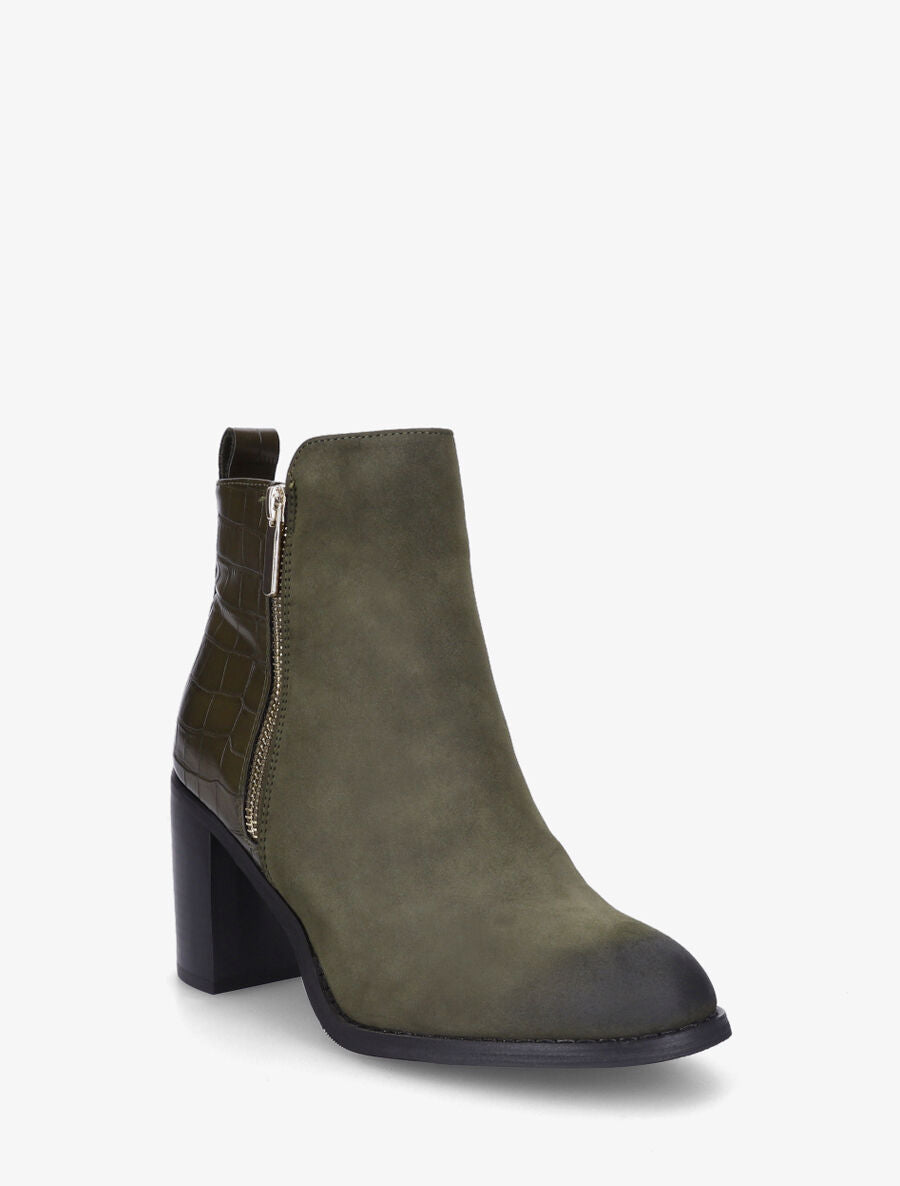 Bottines à talon et contrefort en croco - Kaki - 2