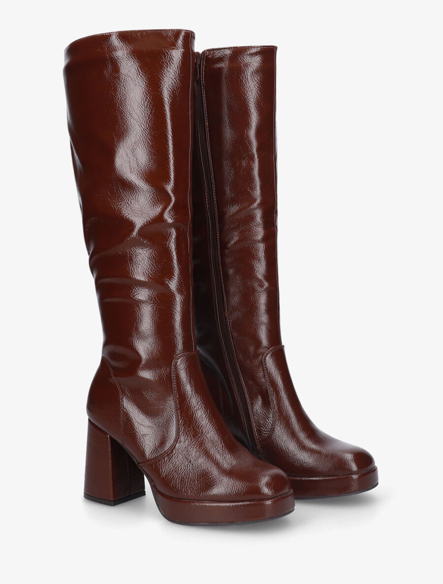 Bottes en simili à plateforme et talon haut - Marron - 4