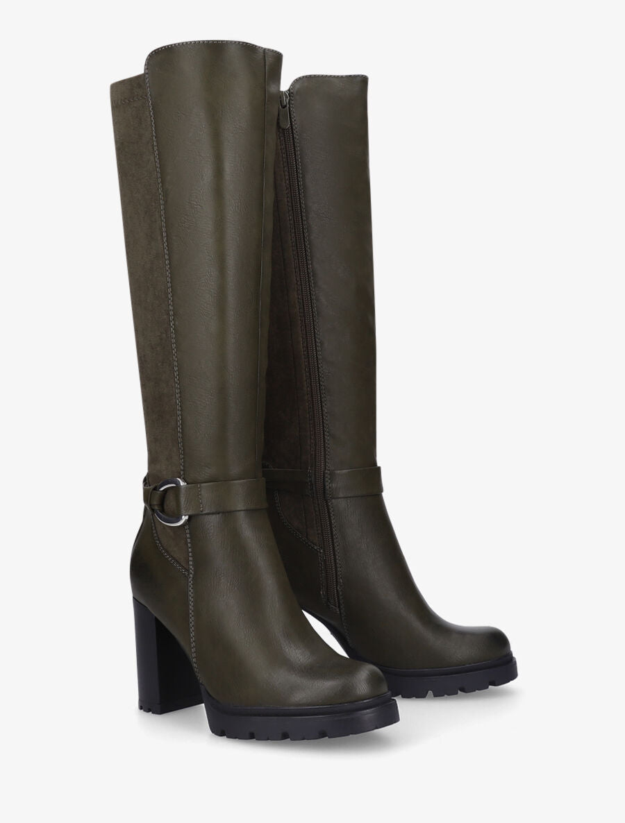 Bottes à talon haut et boucle bi-matière - Kaki - 4