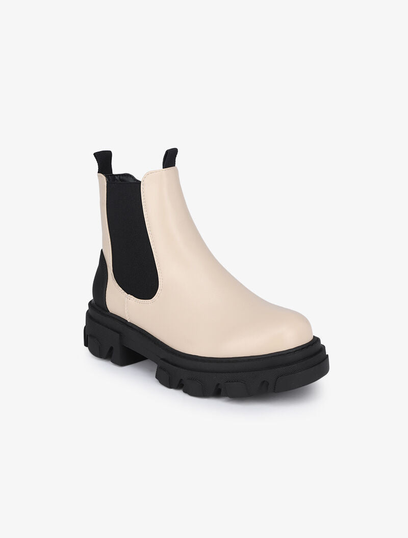 Bottines en simili et contrefort uni - Beige - 3
