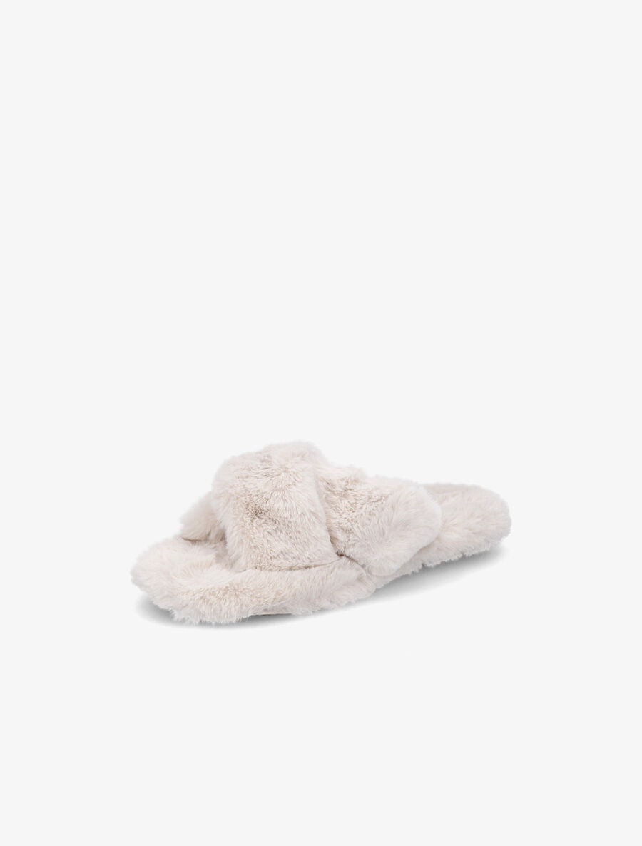 Claquettes à ganses croisées en fourrure synthétique - Beige - 3