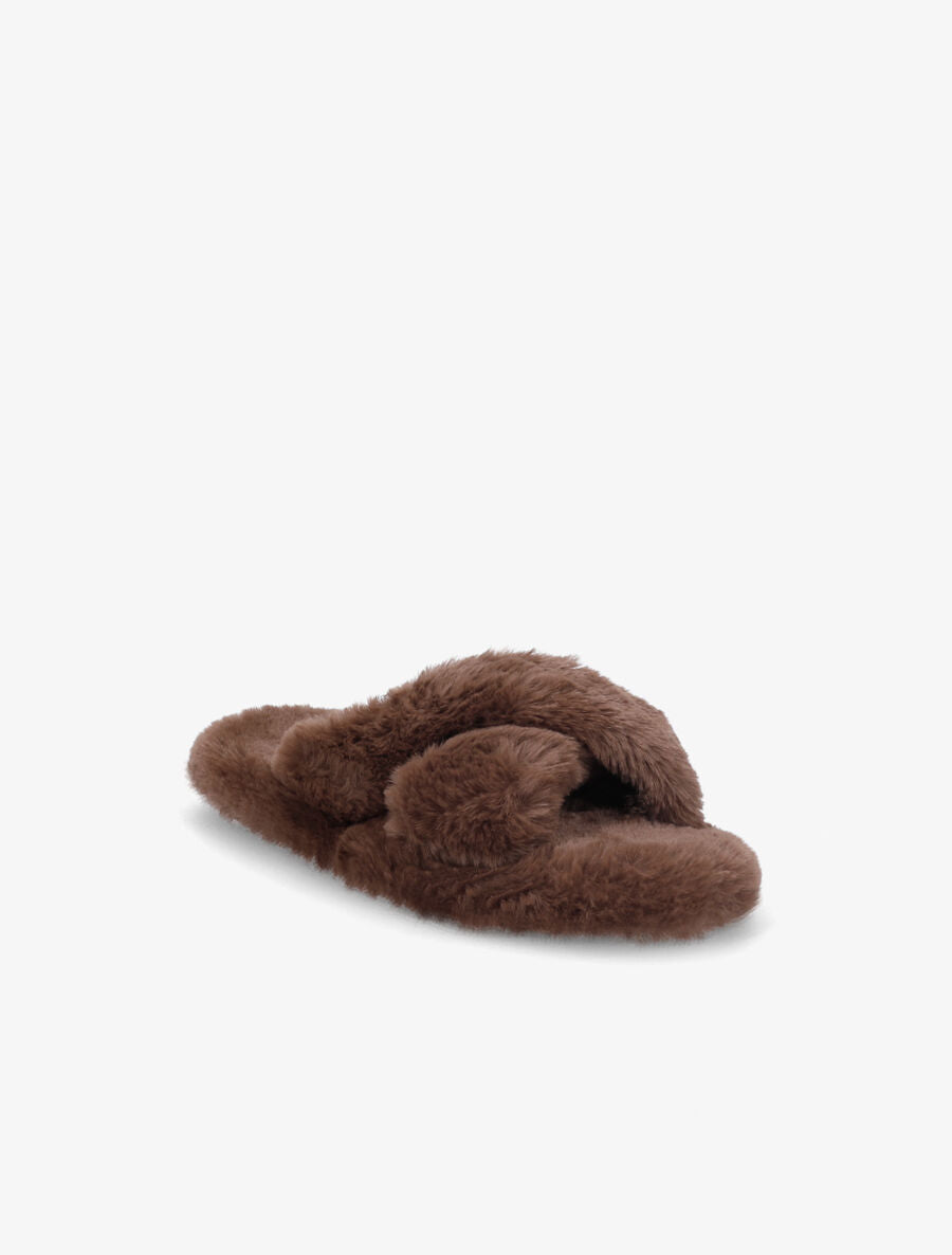 Claquettes à ganses croisées en fourrure synthétique - Marron - 2