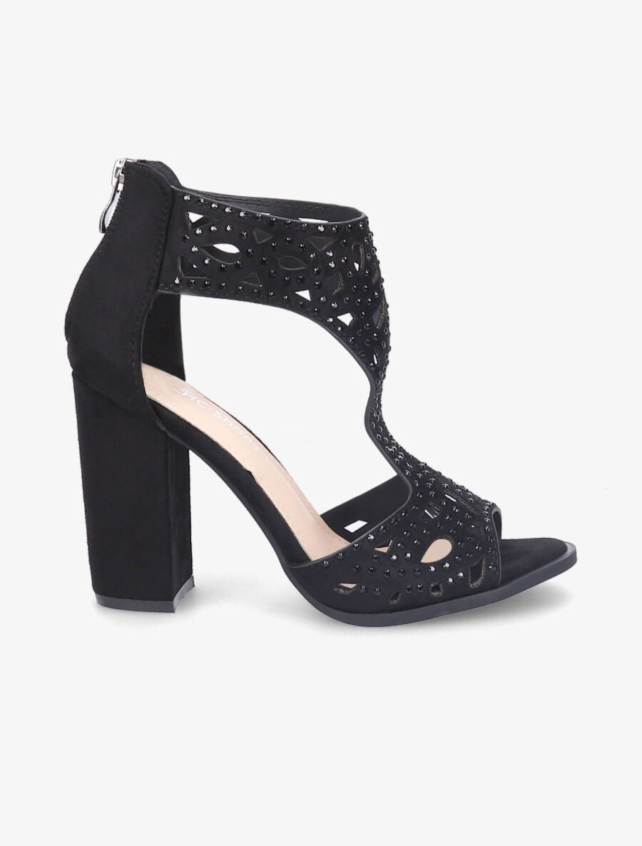 Sandales en suédine à talons ajourées et à strass - Noir - 3