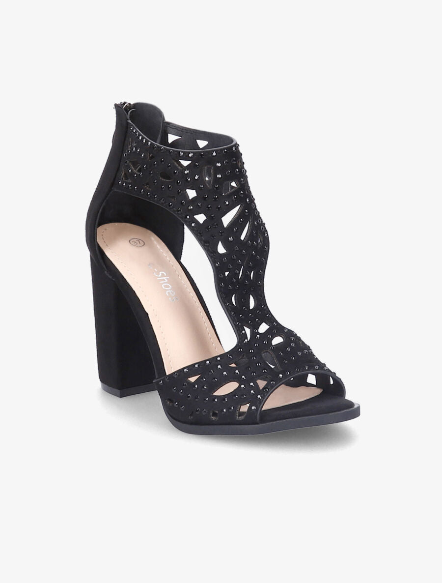 Sandales en suédine à talons ajourées et à strass - Noir - 2