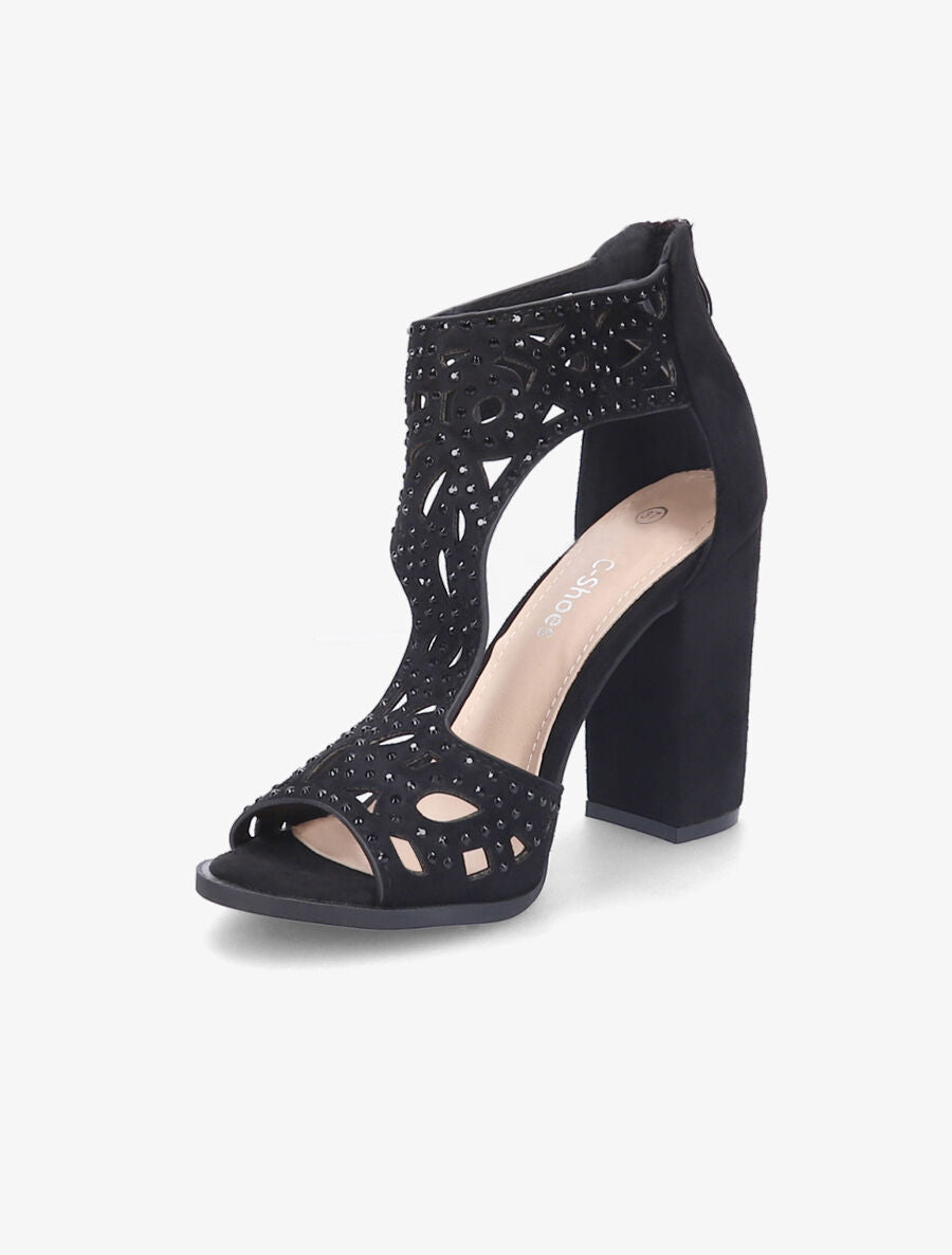 Sandales en suédine à talons ajourées et à strass - Noir - 4