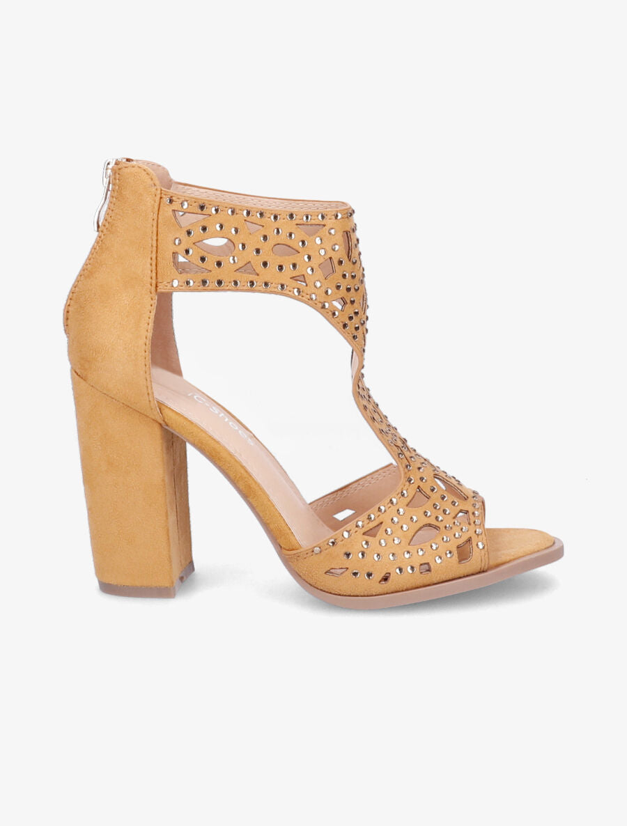 Sandales en suédine à talons ajourées et à strass - Camel - 6