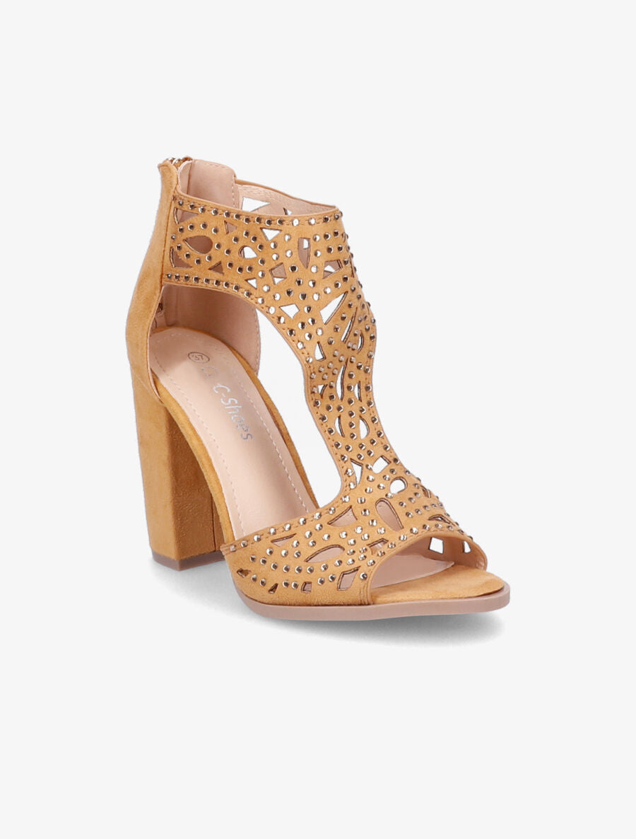 Sandales en suédine à talons ajourées et à strass - Camel - 2