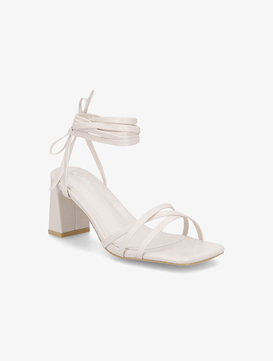 Sandales à talons bloc et liens à nouer - Beige - 2