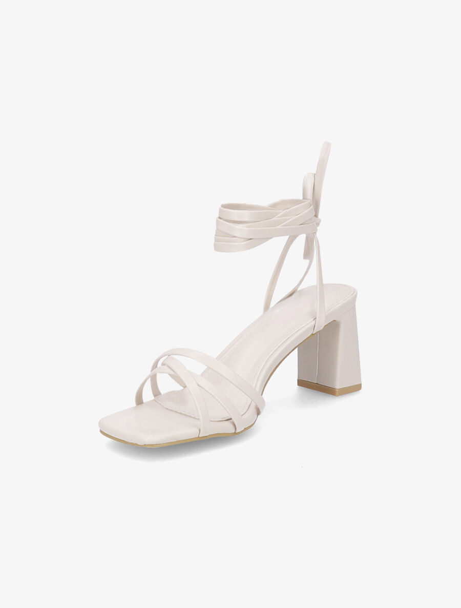 Sandales à talons bloc et liens à nouer - Beige - 3