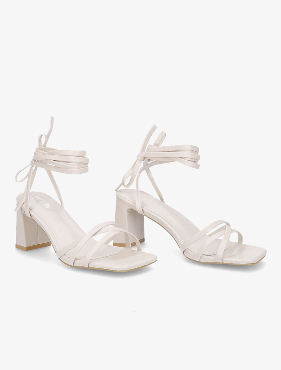 Sandales à talons bloc et liens à nouer - Beige - 4