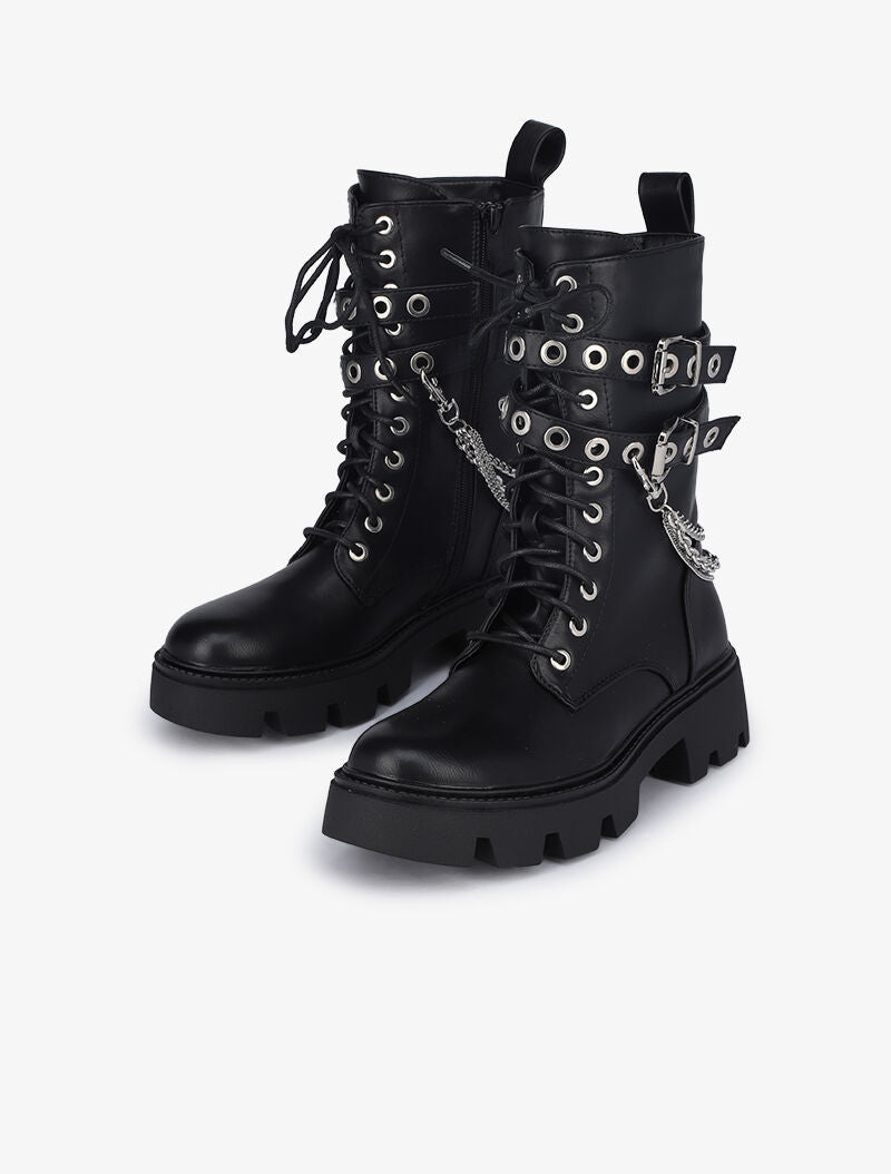 Boots style militaire à détails chaînes et sangles - Noir - 5
