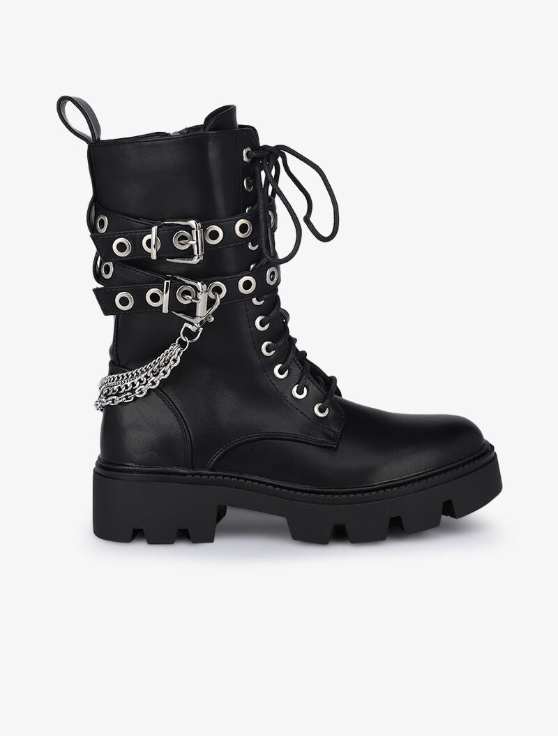 Boots style militaire à détails chaînes et sangles - Noir - 2