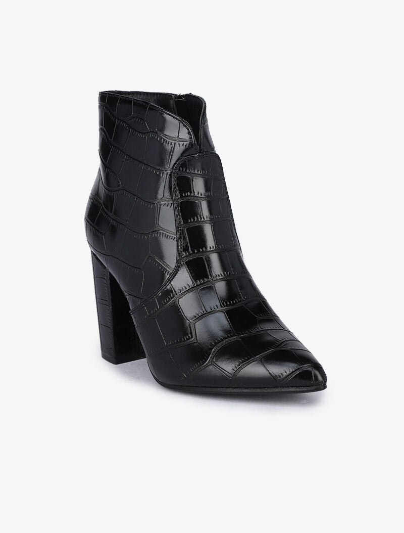 Bottines à talons effet croco - Noir - 5
