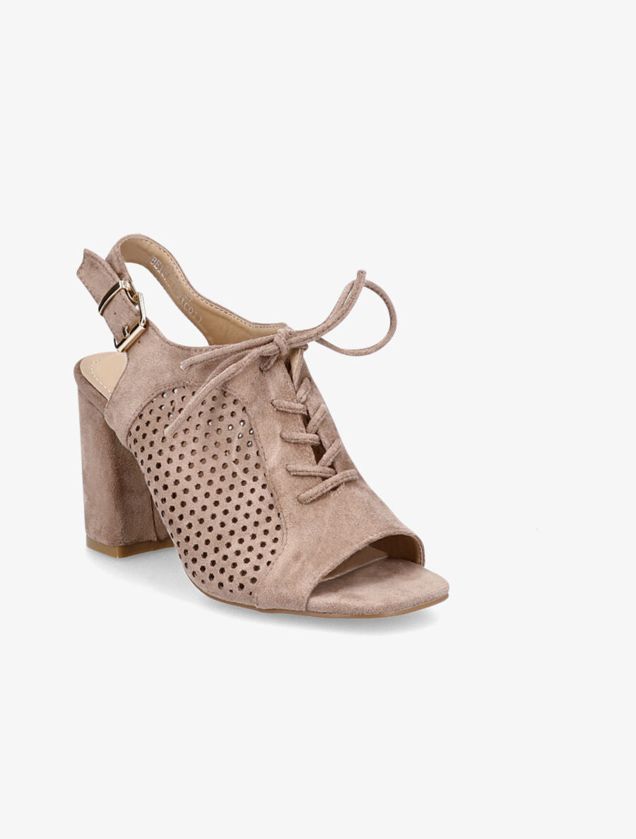 Sandales à talon en suédine ajourées et lacets - Taupe - 2