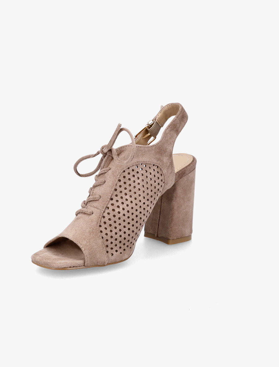 Sandales à talon en suédine ajourées et lacets - Taupe - 3