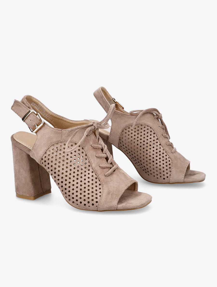 Sandales à talon en suédine ajourées et lacets - Taupe - 4