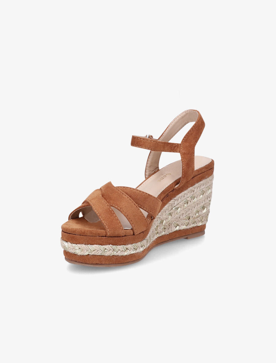 Sandales à talon compensé en raphia irisé - Camel - 3