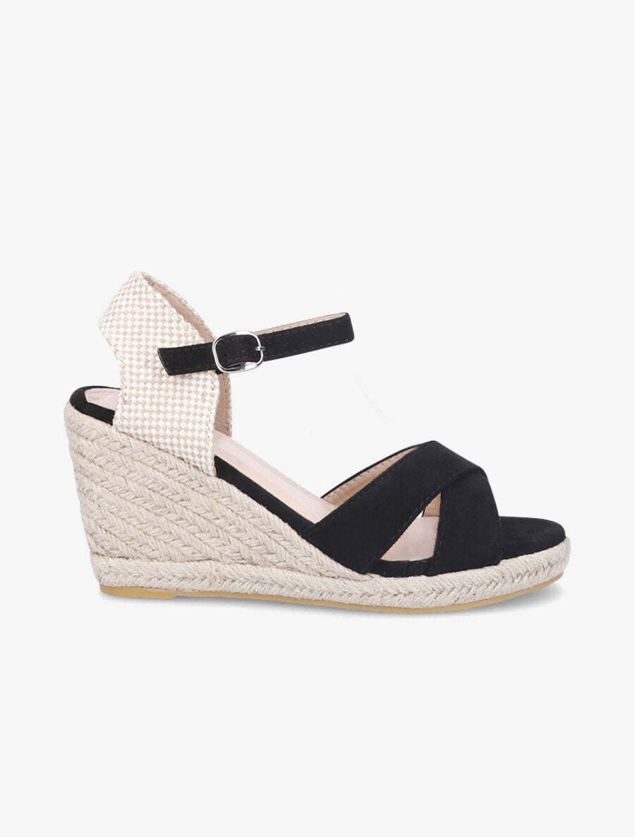 Sandales compensées en suédine à contrefort en damier - Noir - 1