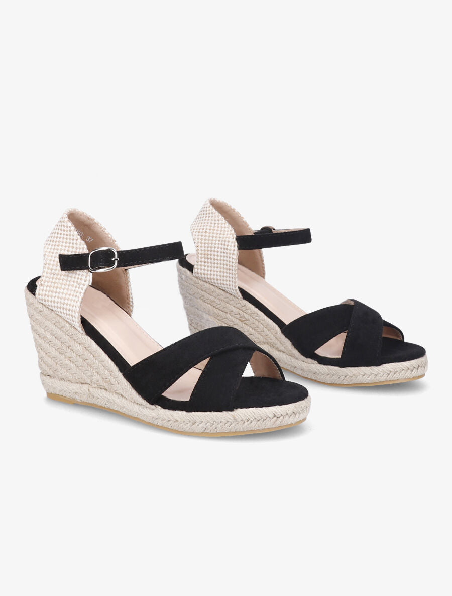 Sandales compensées en suédine à contrefort en damier - Noir - 4