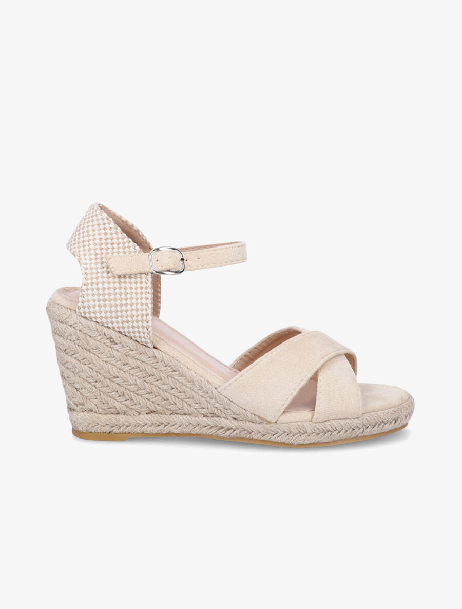 Sandales compensées en suédine à contrefort en damier - Beige - 1