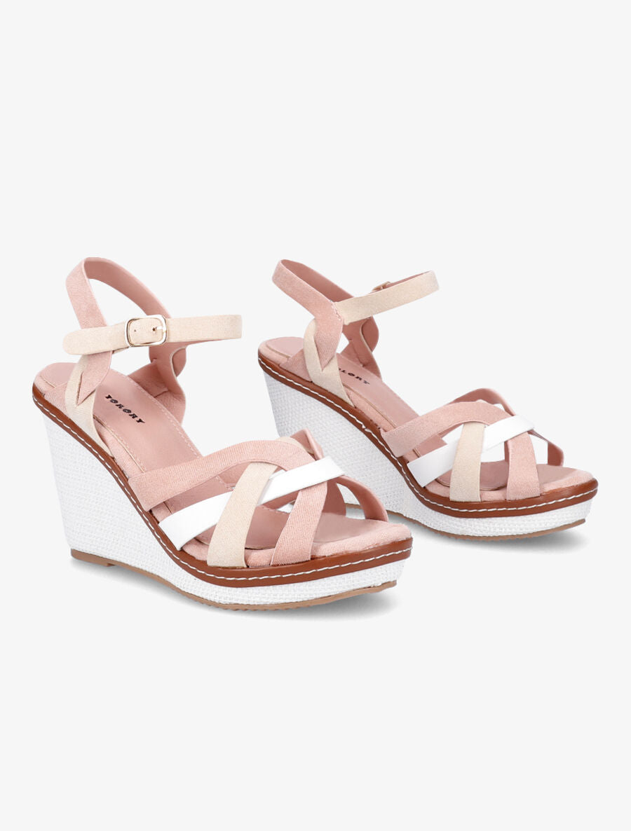 Sandales compensées à semelle style osier - Rose - 4